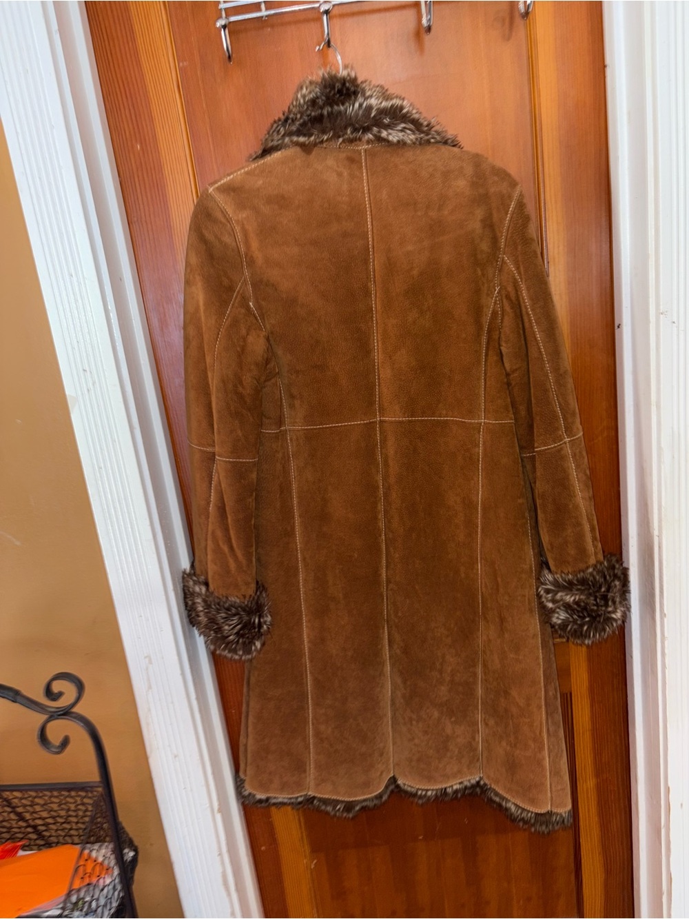 Marvin Richards Brown genuine leather Suede Trench Coat with Faux Fur Trim